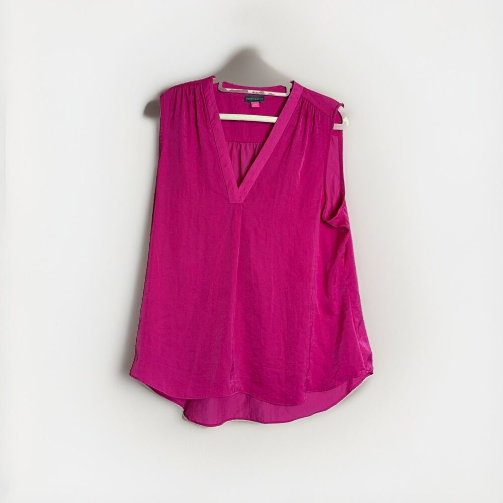 Vince Camuto Pink Solid Pleated V-Neck Sleeveless Pullover Blouse Womens L